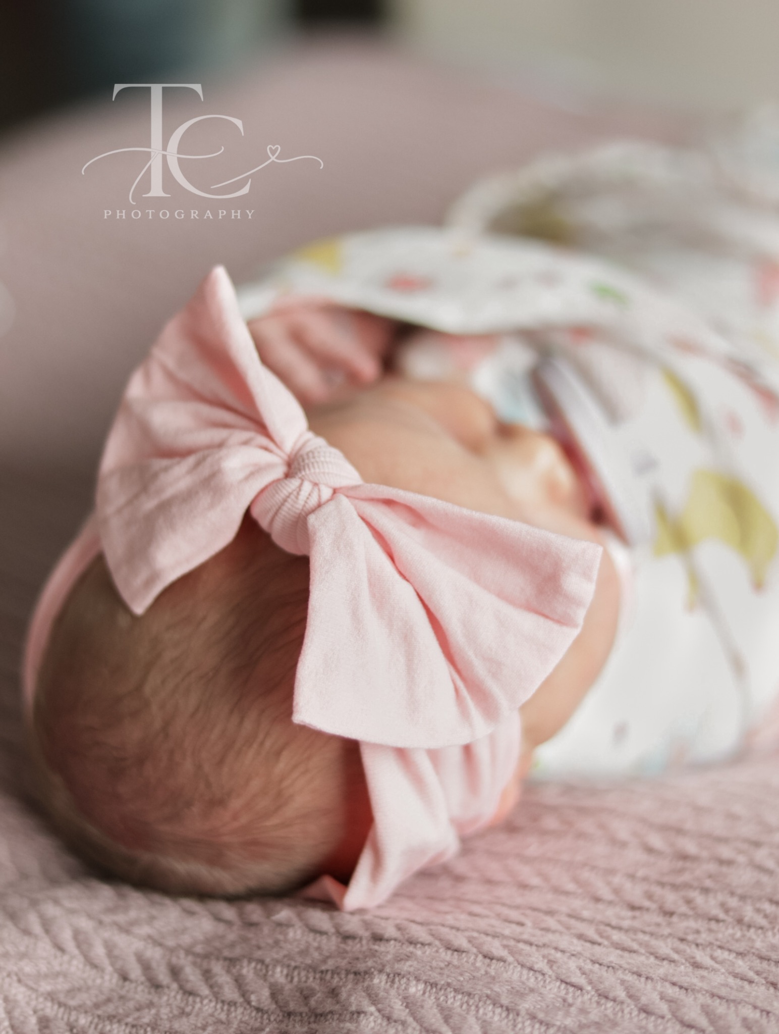 Close-up of a newborn’s pink bow and soft hair