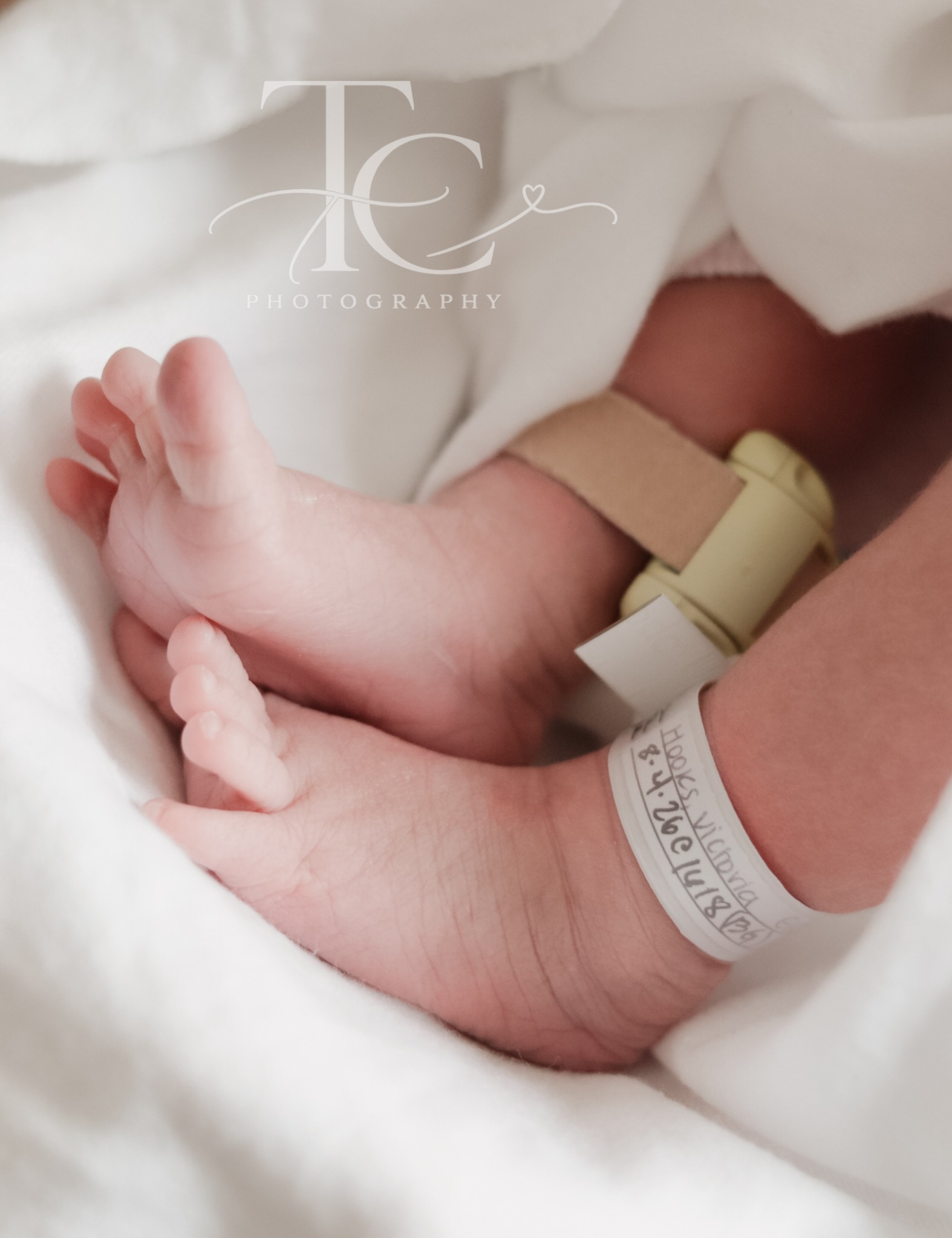 Tiny newborn feet photographed on a white blanket
